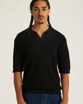 Alex Merino Wool Open Placket Polo Dusty - Black
