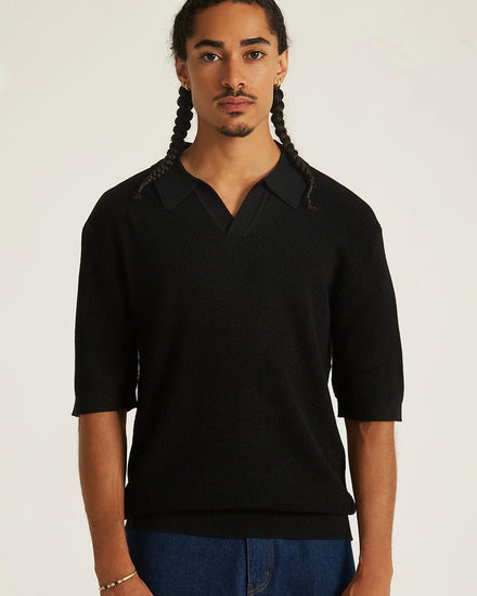 Alex Merino Wool Open Placket Polo Dusty - Black