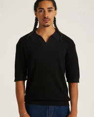 Alex Merino Wool Open Placket Polo Dusty - Black