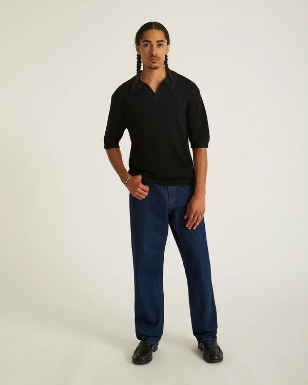 Alex Merino Wool Open Placket Polo Dusty - Black