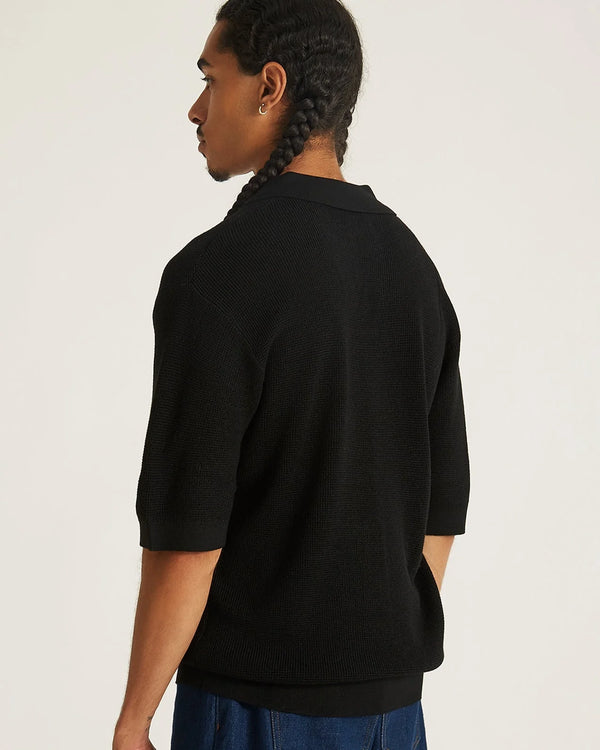 Alex Merino Wool Open Placket Polo Dusty - Black