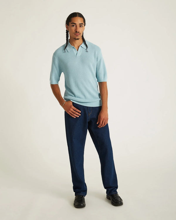Alex Merino Wool Open Placket Polo Dusty - Turquoise