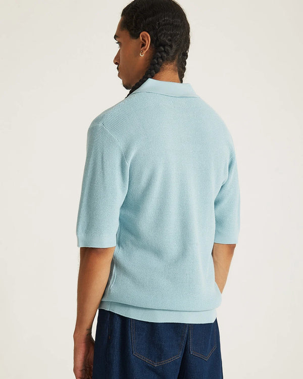 Alex Merino Wool Open Placket Polo Dusty - Turquoise